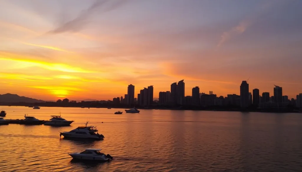 Sunset view of Batam skyline with harbor in foreground