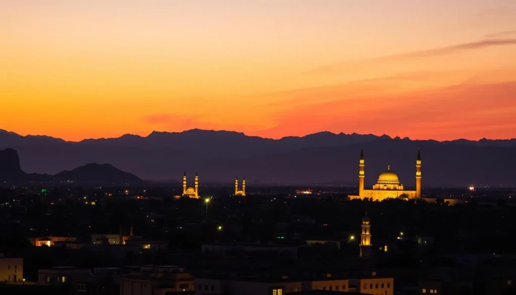 Sunset view of Bawshar with mountains in the background and the illuminated domes of mosques visible in the cityscape