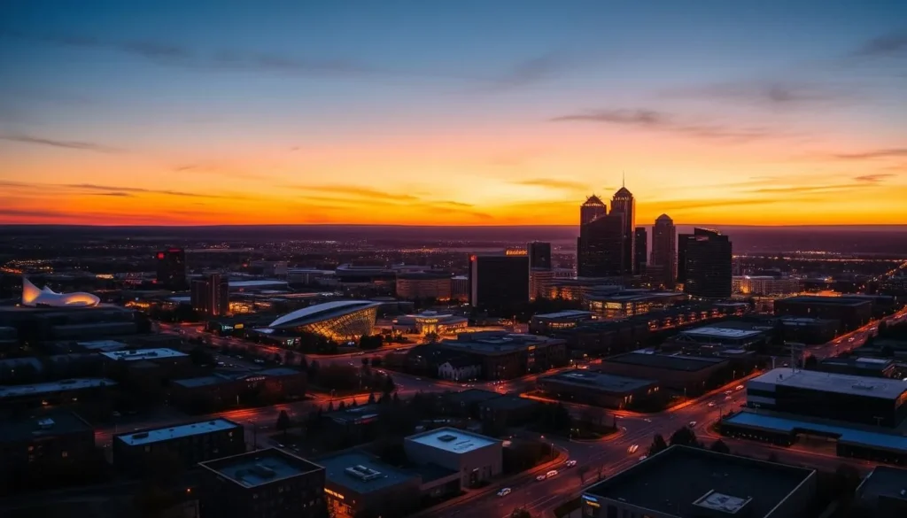 Sunset view of Bloomington Minnesota skyline with Mall of America visible