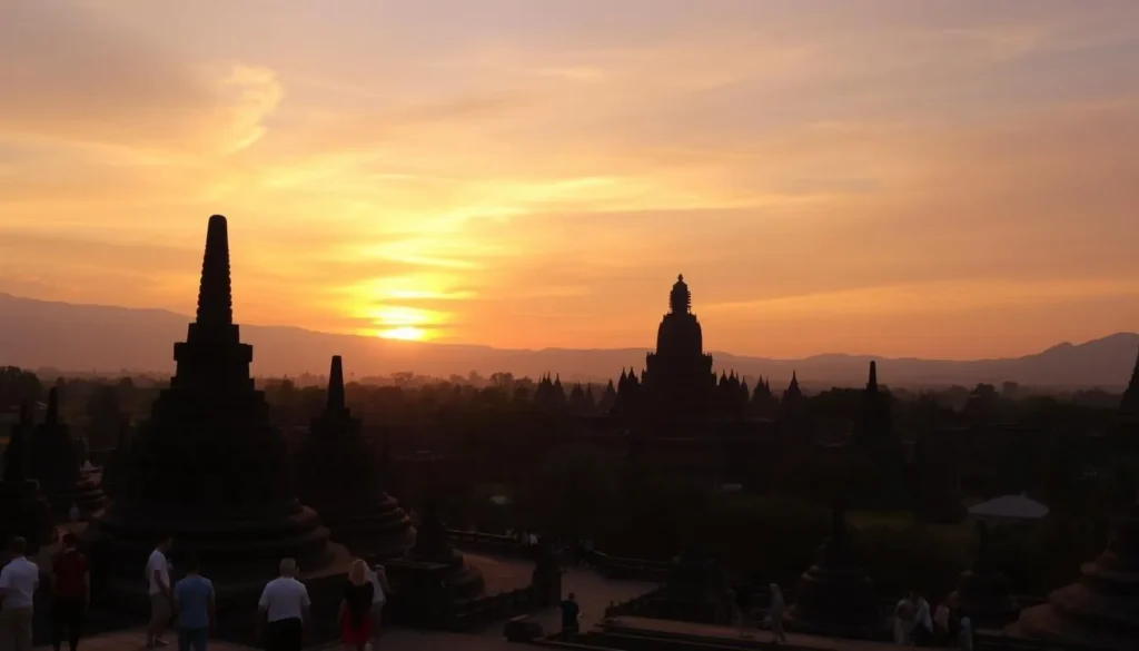 Sunset view of Borobudur Temple with tourists enjoying the view, Magelang, Indonesia things to do