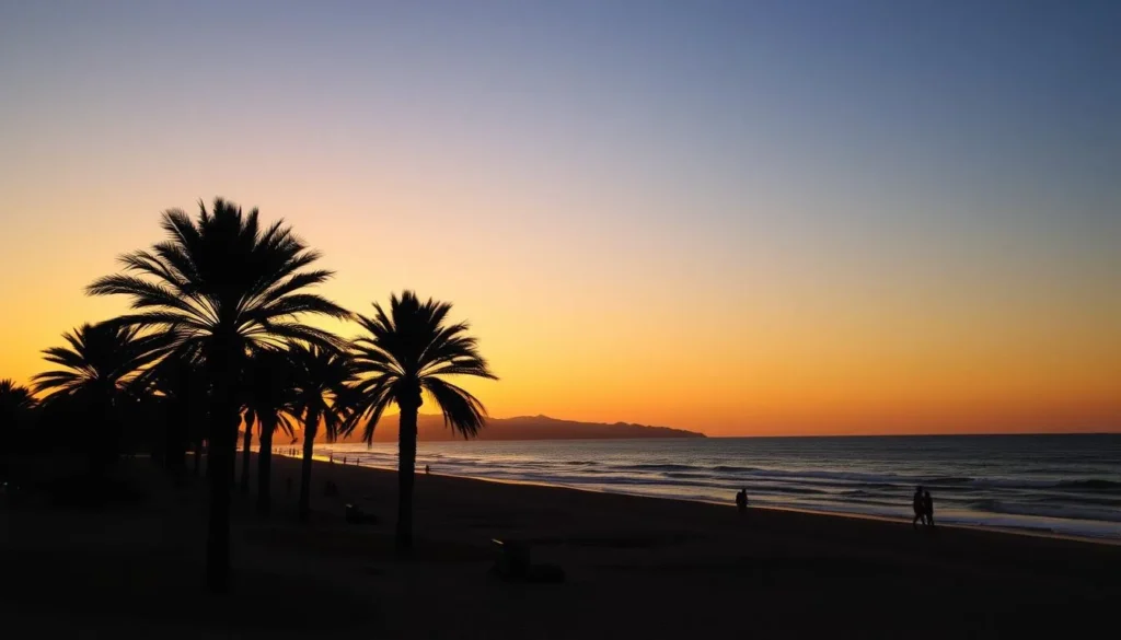 Sunset view of Bouznika beach with silhouettes of palm trees and people