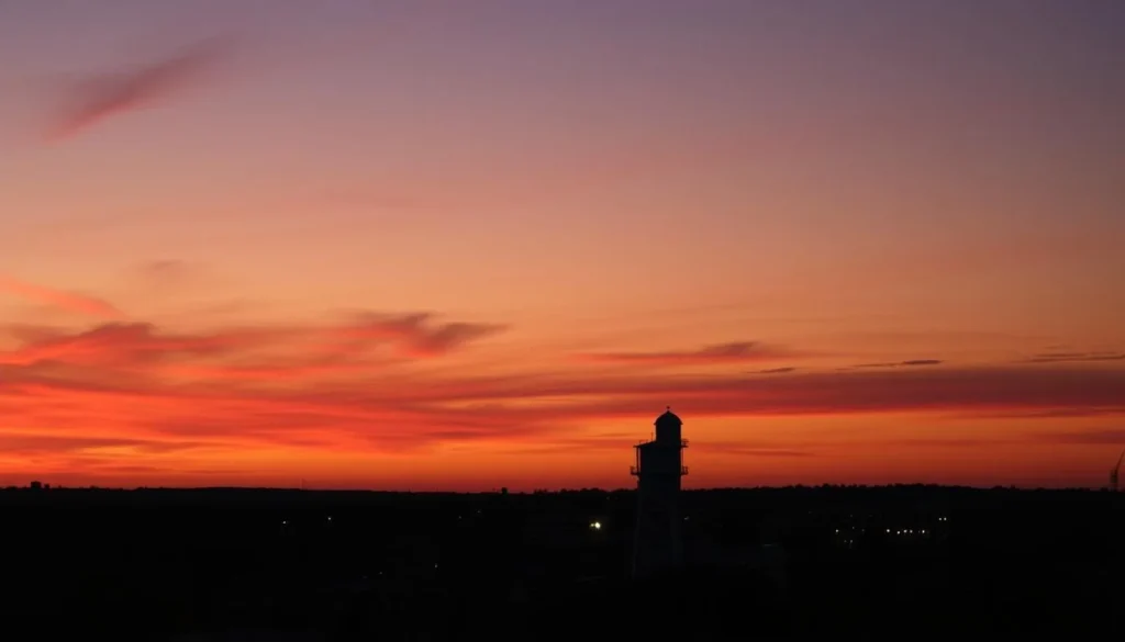 Sunset view of Burleson, Texas skyline with city lights beginning to twinkle and the historic water tower visible