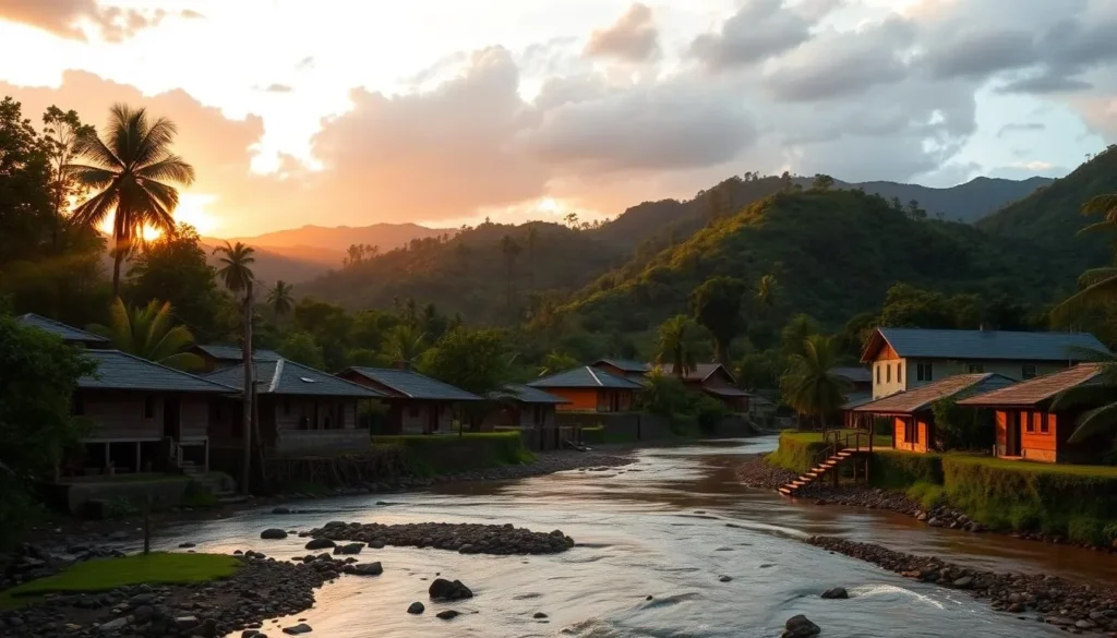 Sunset view of Cacao village with traditional houses and surrounding rainforest