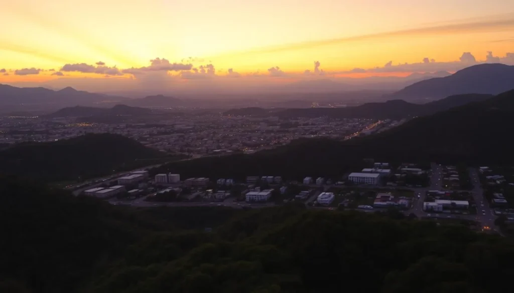 Sunset view of Caguas with city lights beginning to twinkle and mountains in the background