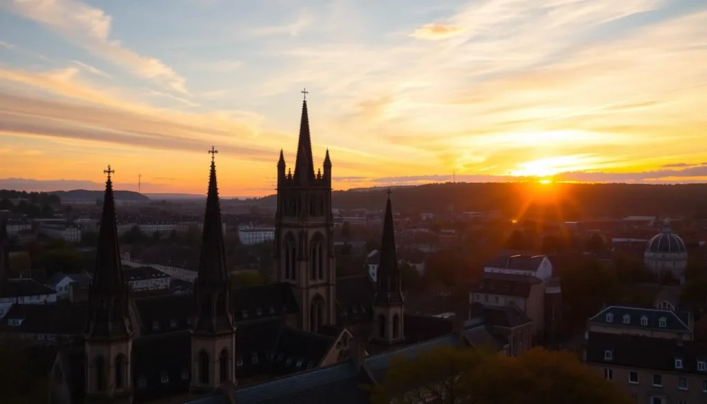 Sunset view of Canterbury Cathedral spires with golden light illuminating the medieval city