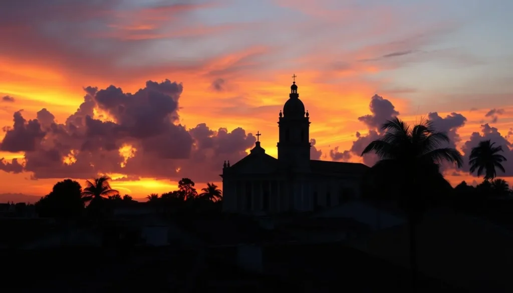 Sunset view of Cardenas, Cuba with the cathedral silhouette
