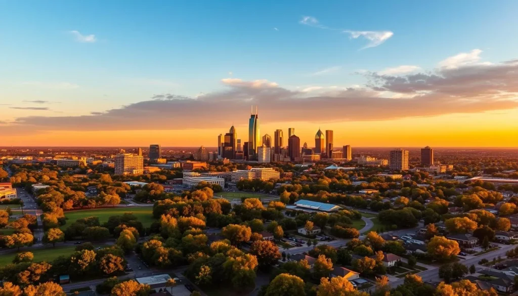 Sunset view of Carrollton skyline with parks and urban areas