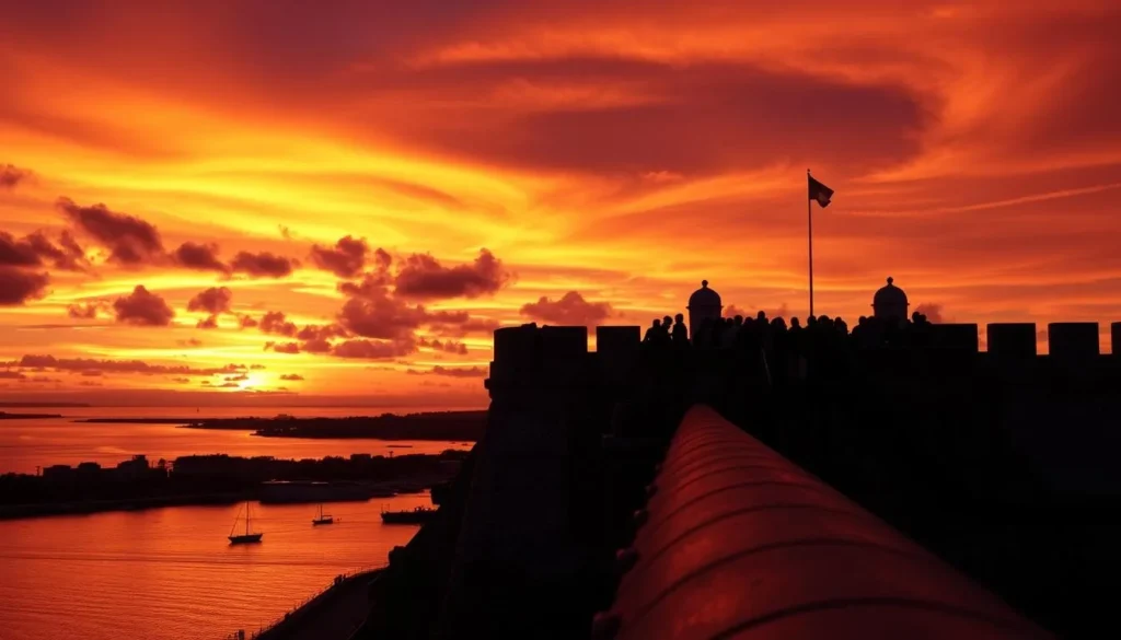 Sunset view of Castillo de San Marcos with silhouettes of visitors enjoying the view Sunset view of Castillo de San Marcos with silhouettes of visitors enjoying the view