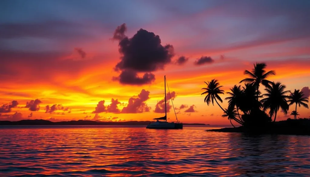 Sunset view of Cayo Blanco Island, Cuba with catamaran silhouette