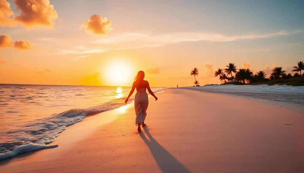 Sunset view of Cayo Guillermo Island, Cuba with couple walking on beach