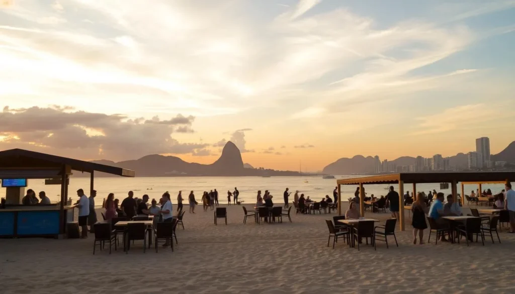 Sunset view of Charitas Beach in Niteroi with beach kiosks and people enjoying drinks on the sand Sunset view of Charitas Beach in Niteroi with beach kiosks and people enjoying drinks on the sand