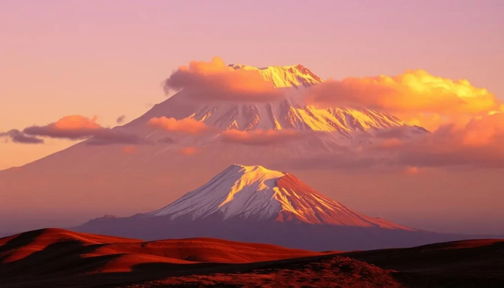 Sunset view of Chimborazo volcano with golden light illuminating its snow-capped peak Sunset view of Chimborazo volcano with golden light illuminating its snow-capped peak
