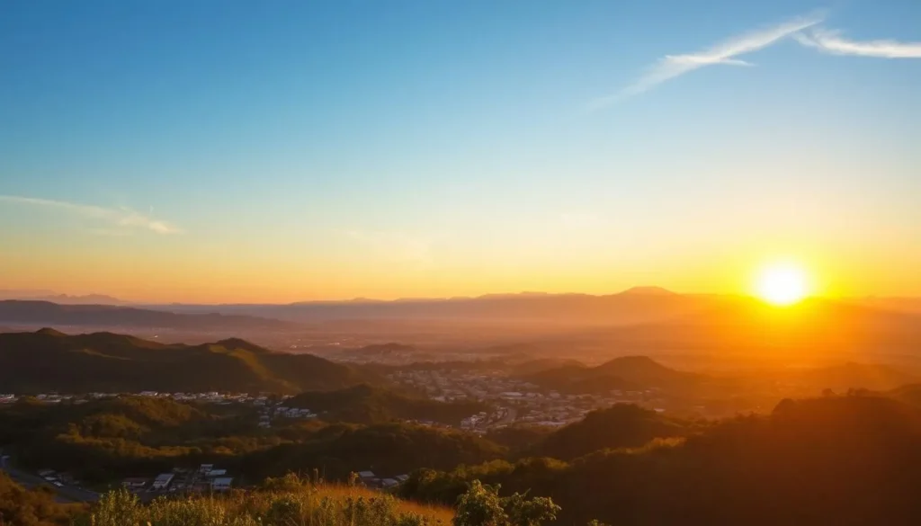 Sunset view of Choloma, Honduras showing the city nestled among green hills