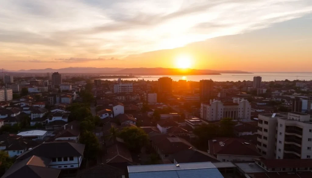 Sunset view of Cirebon cityscape with traditional architecture and modern buildings