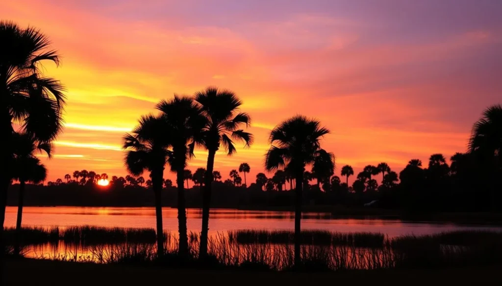 Sunset view of Collier-Seminole State Park with silhouettes of palm trees and reflections on water
