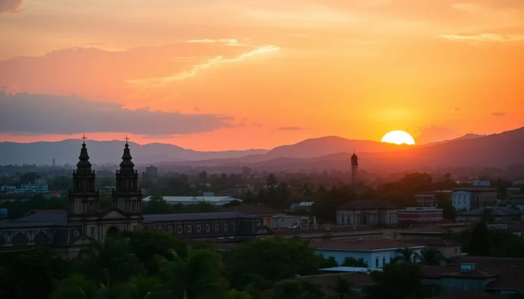 Sunset view of Comayagua's colonial skyline with church towers and mountains in background Sunset view of Comayagua's colonial skyline with church towers and mountains in background