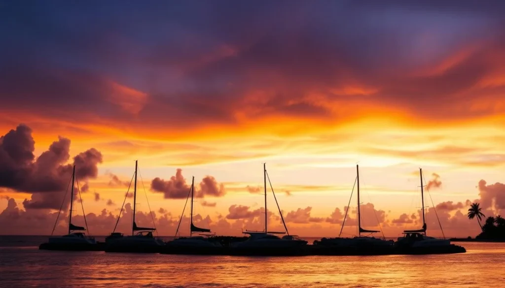 Sunset view of Cooper Island with sailboats silhouetted against colorful sky and calm waters