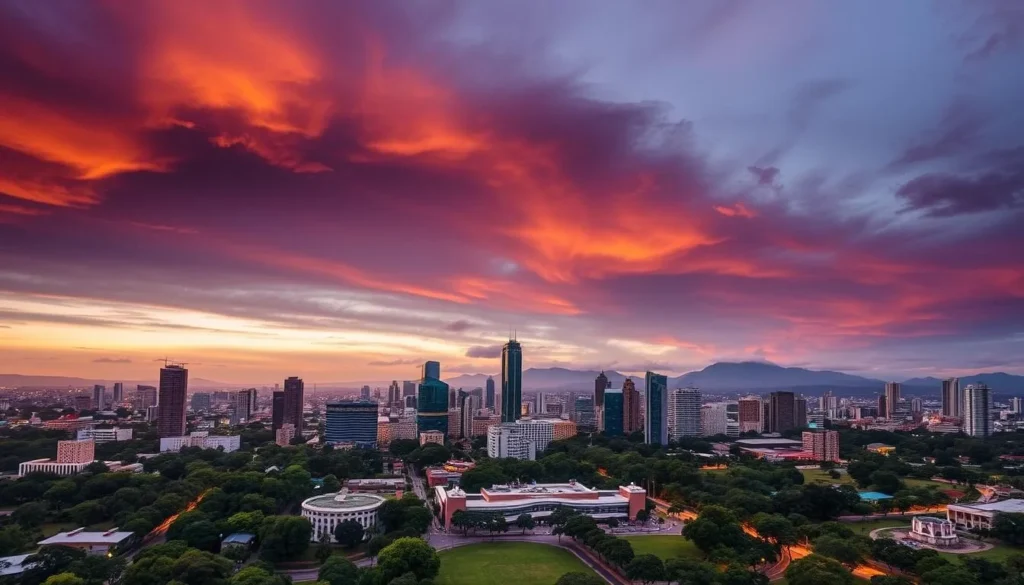 Sunset view of Curitiba skyline with parks and modern buildings illuminated by golden light