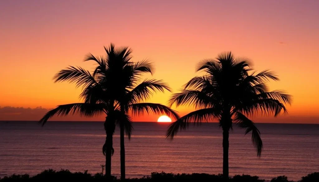 Sunset view of De Palm Island Aruba with palm trees silhouetted against orange sky