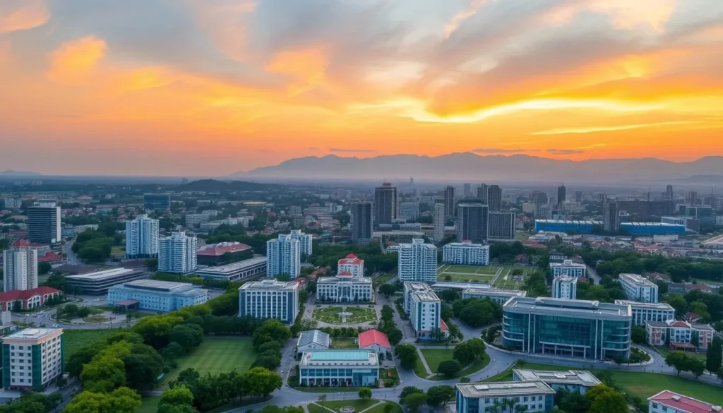 Sunset view of Depok cityscape with modern buildings and greenery Sunset view of Depok cityscape with modern buildings and greenery