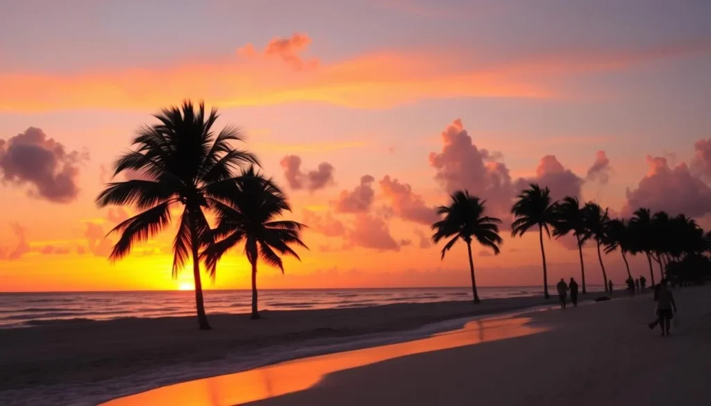 Sunset view of Druif Beach with silhouettes of palm trees