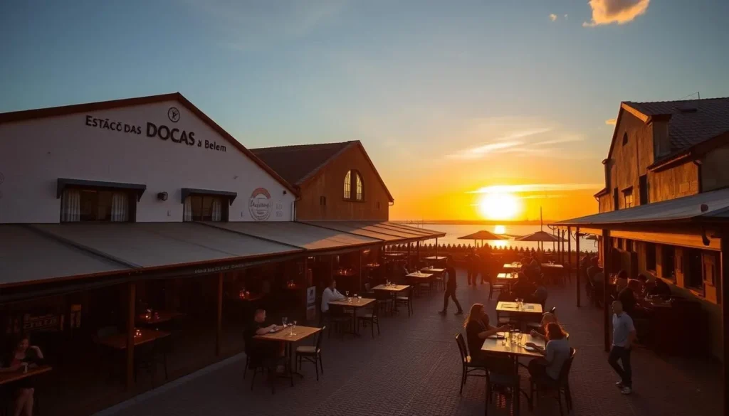Sunset view of Estação das Docas with outdoor dining areas overlooking Guajará Bay