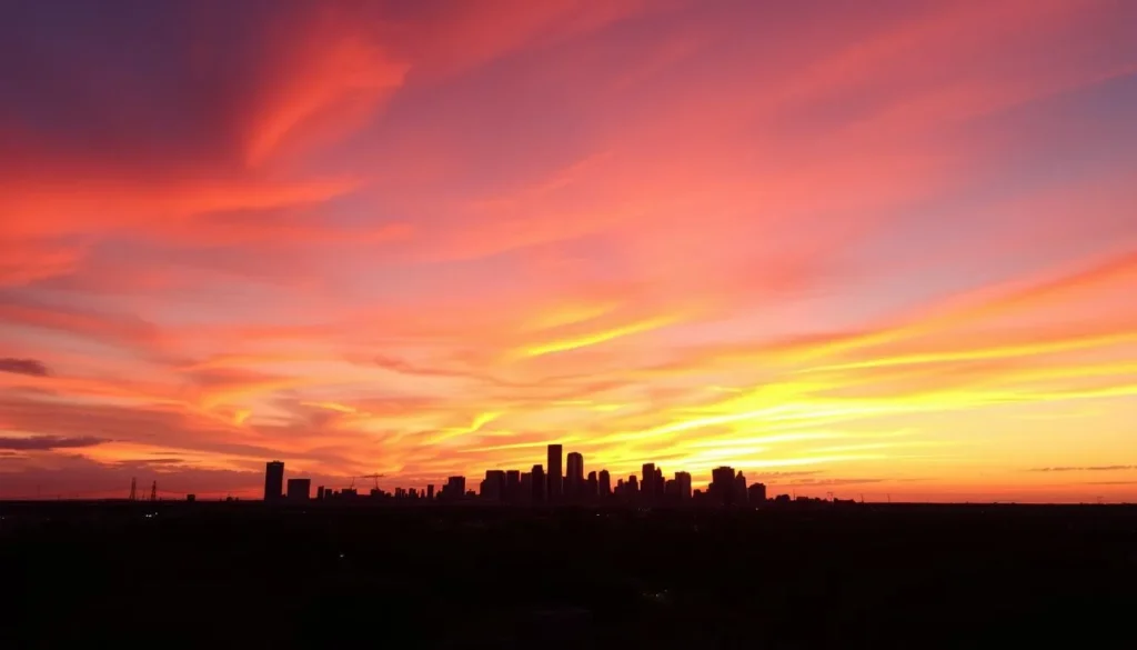 Sunset view of Euless, Texas skyline with city lights beginning to shine