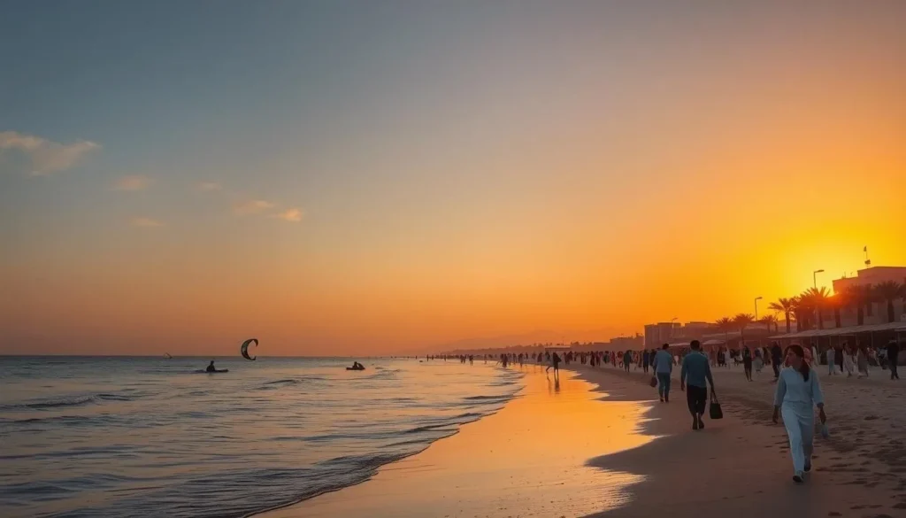 Sunset view of Fuwairit Beach with silhouettes of visitors enjoying the evening atmosphere
