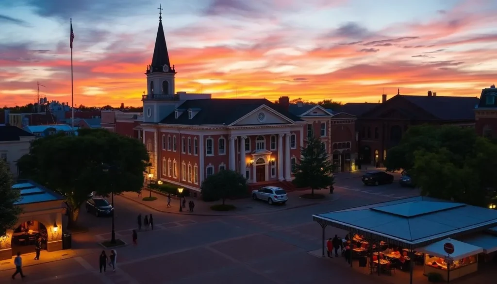 Sunset view of Georgetown's historic downtown square illuminated with evening lights