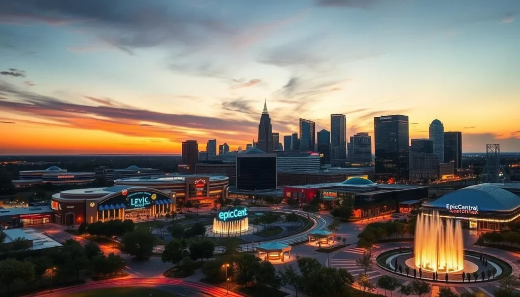 Sunset view of Grand Prairie skyline with entertainment venues illuminated