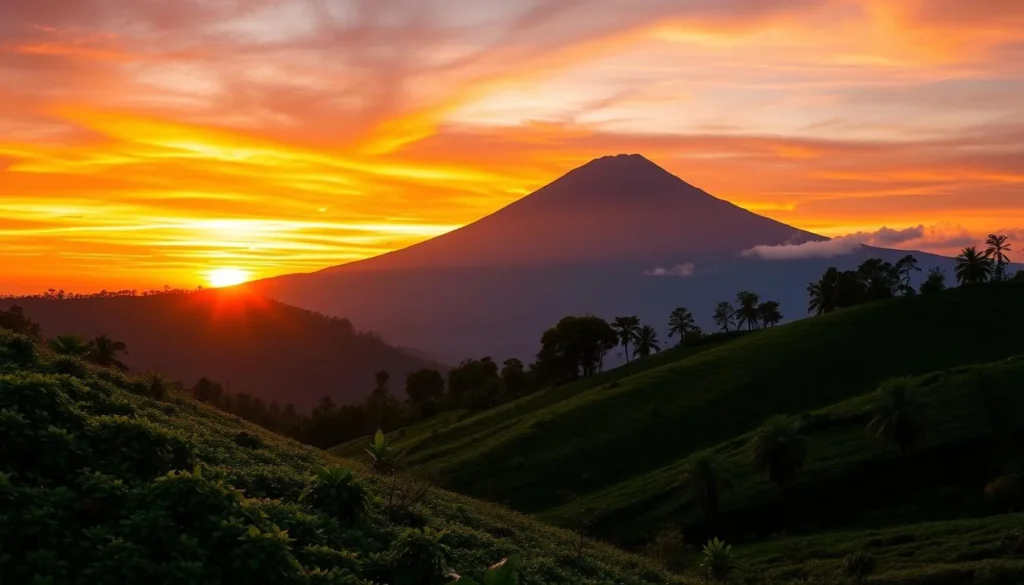 Sunset view of Hakgala Mountain with golden light illuminating the landscape Sunset view of Hakgala Mountain with golden light illuminating the landscape