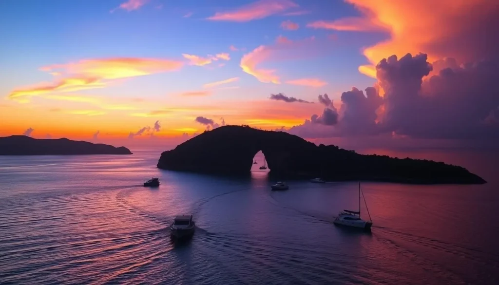 Sunset view of Hell's Gate Island in Antigua with boats returning from a day of exploration Sunset view of Hell's Gate Island in Antigua with boats returning from a day of exploration