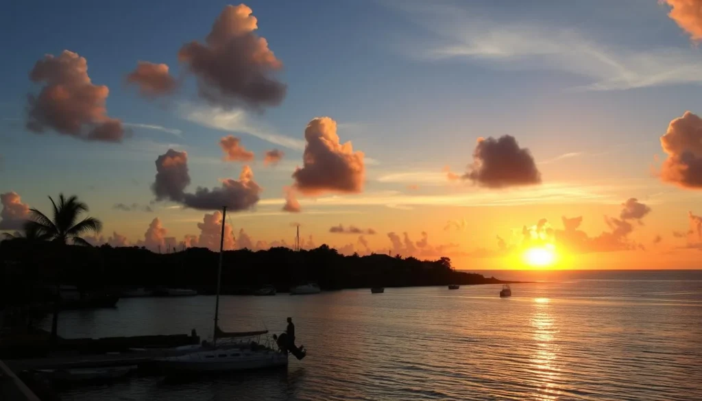 Sunset view of Holetown coastline with palm trees and boats in the harbor