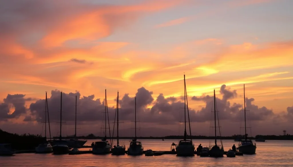 Sunset view of Hope Town harbor with boats silhouetted against the colorful sky