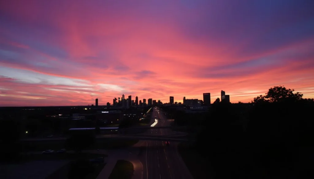 Sunset view of Hurst Texas skyline with city lights beginning to shine Sunset view of Hurst Texas skyline with city lights beginning to shine