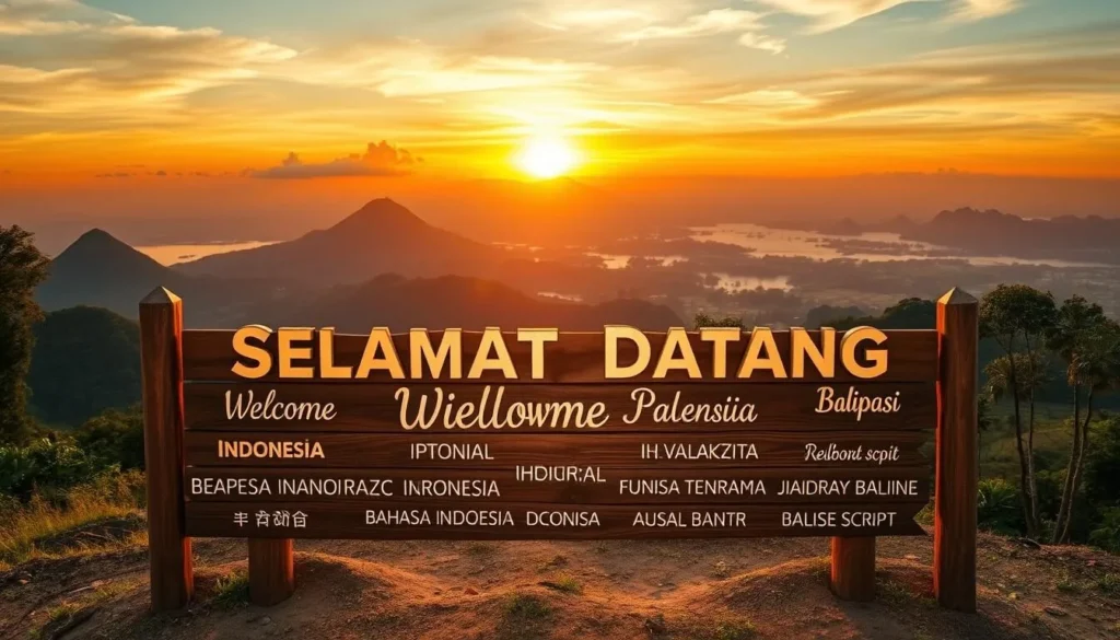 Sunset view of Indonesia's diverse landscapes with multilingual welcome sign