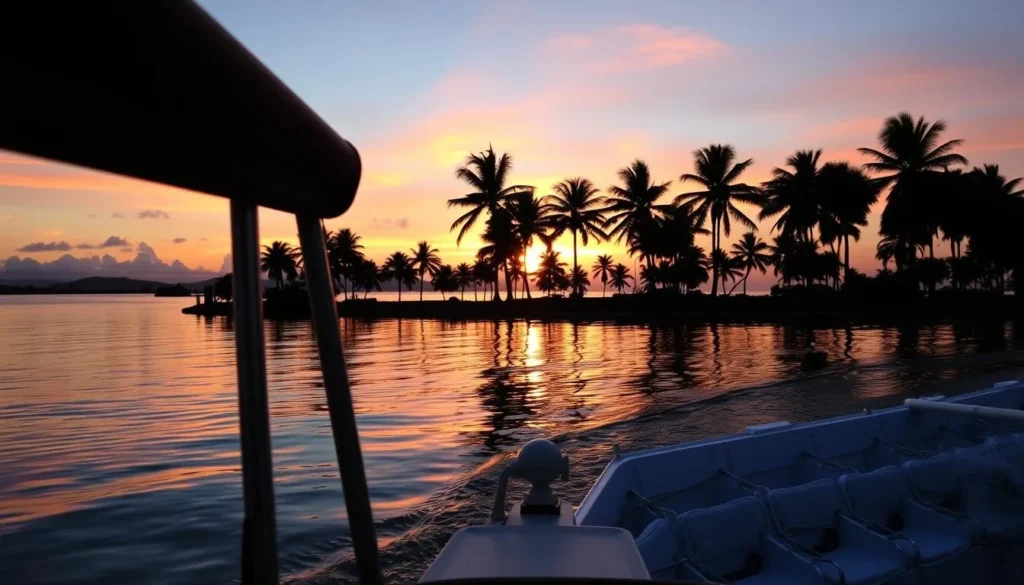 Sunset view of Isla Contoy from departing boat with silhouettes of palm trees