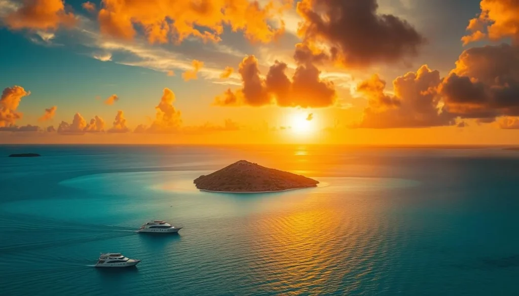Sunset view of Isla Espiritu Santo with boats anchored in a pristine bay