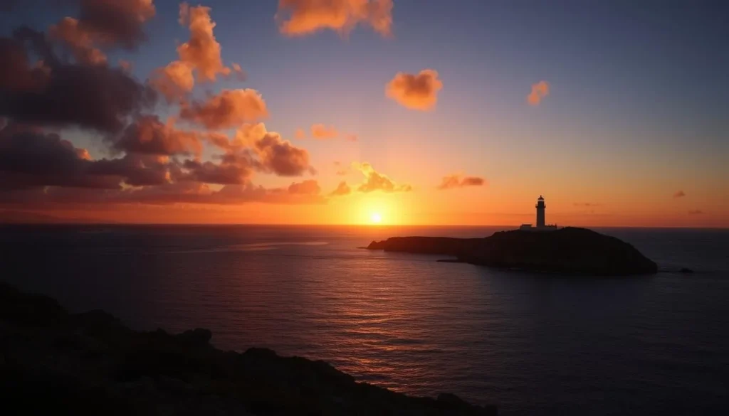 Sunset view of Isla Todos Santos lighthouse with golden light reflecting on the Pacific Ocean