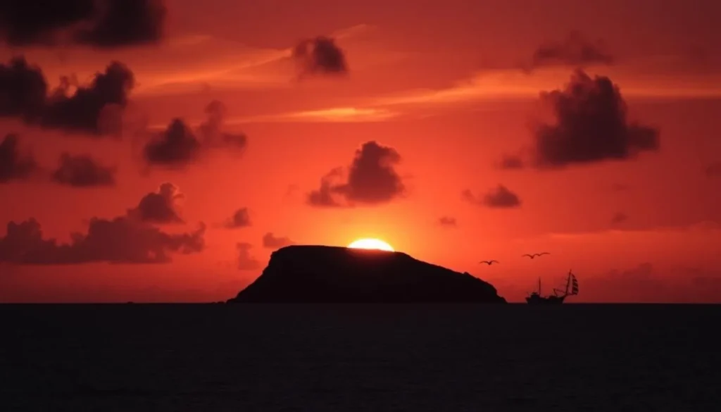 Sunset view of Isla de Caja de Muertos showcasing its mysterious silhouette