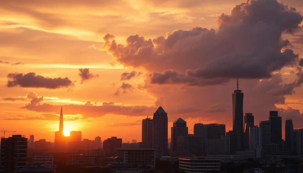 Sunset view of Jakarta skyline with golden light reflecting off skyscrapers and the National Monument
