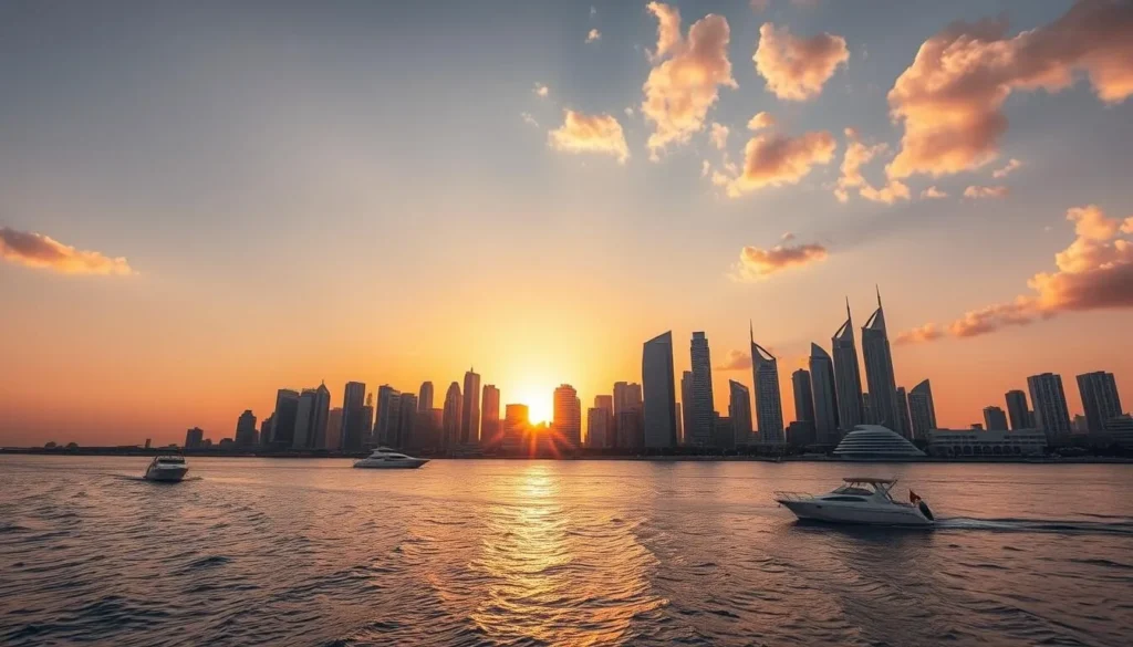Sunset view of Jeddah skyline with Red Sea and boats