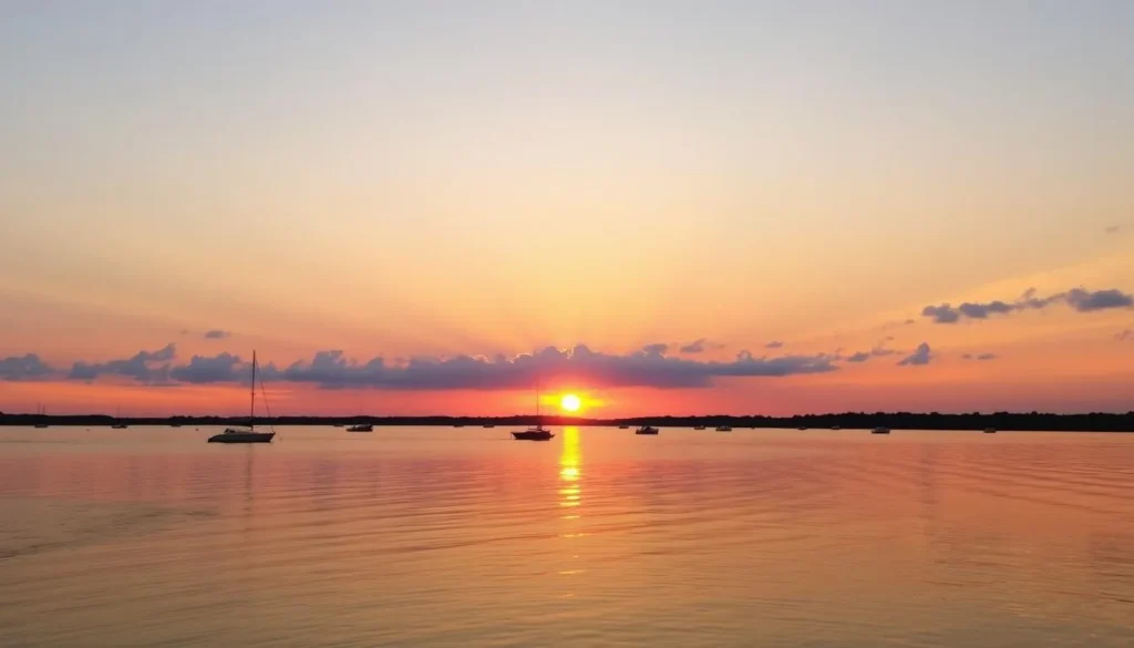 Sunset view of Joe Pool Lake with boats and water activities Sunset view of Joe Pool Lake with boats and water activities