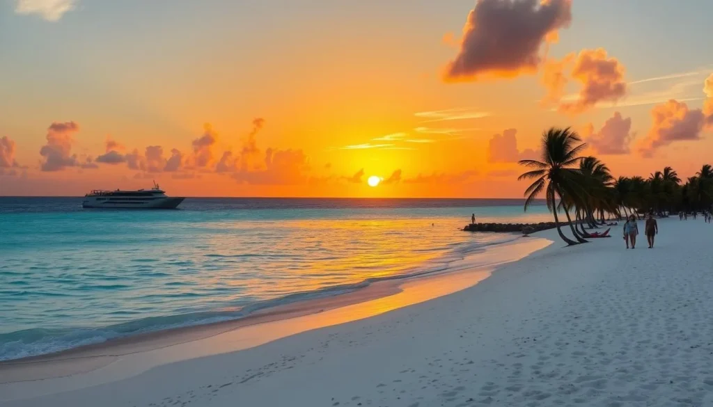 Sunset view of Jolly Harbour beach in Antigua and Barbuda during peak season