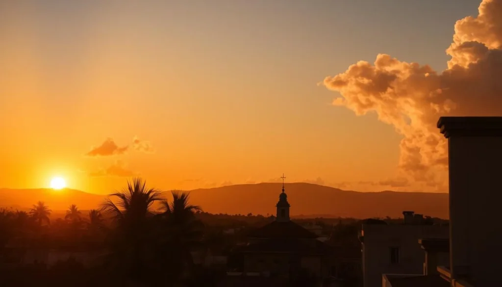 Sunset view of Jovellanos with warm golden light illuminating the town's buildings and surrounding landscape