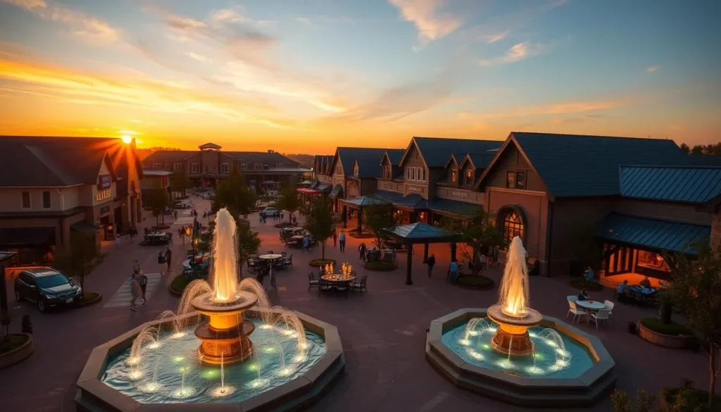Sunset view of Keller Town Center with people enjoying the evening atmosphere Sunset view of Keller Town Center with people enjoying the evening atmosphere
