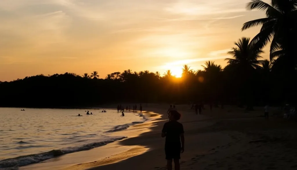 Sunset view of Kemala Beach in Balikpapan with people enjoying the evening