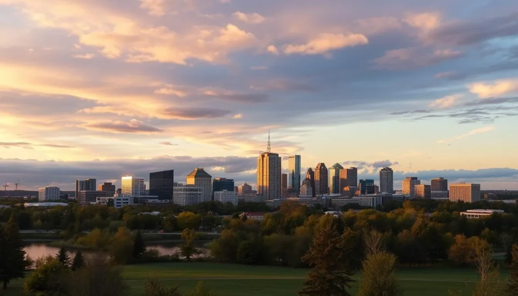 Sunset view of Kitchener skyline with Victoria Park in the foreground