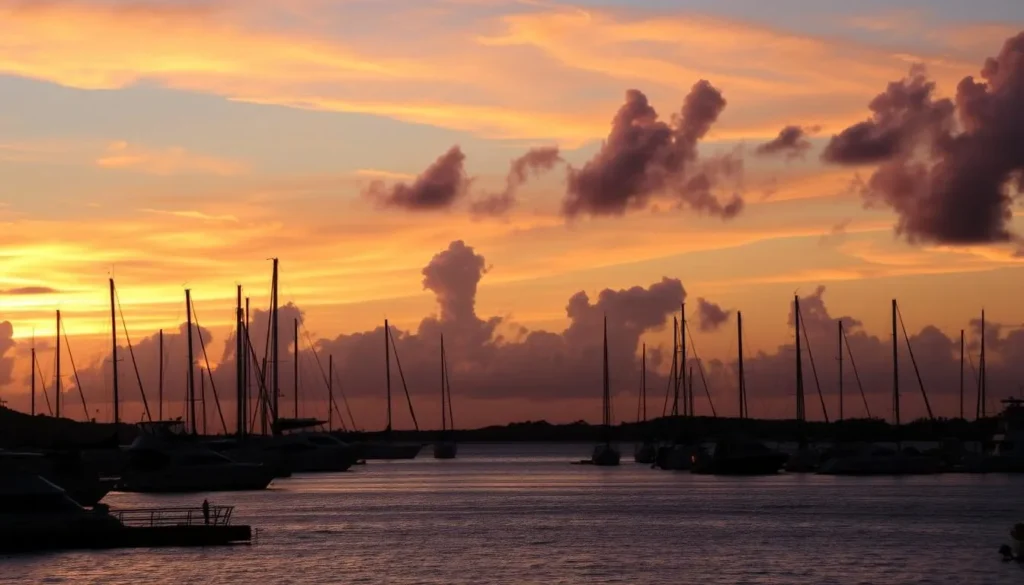 Sunset view of Kralendijk harbor with boats silhouetted against orange and purple sky Sunset view of Kralendijk harbor with boats silhouetted against orange and purple sky