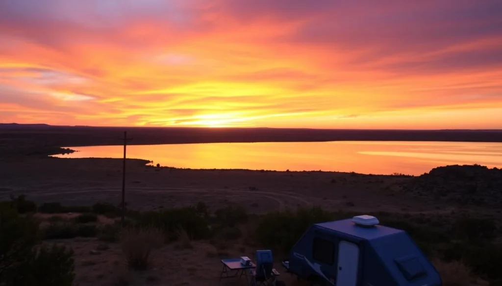 Sunset view of Lake Meredith near Alibates Flint Quarries National Monument with camping area visible